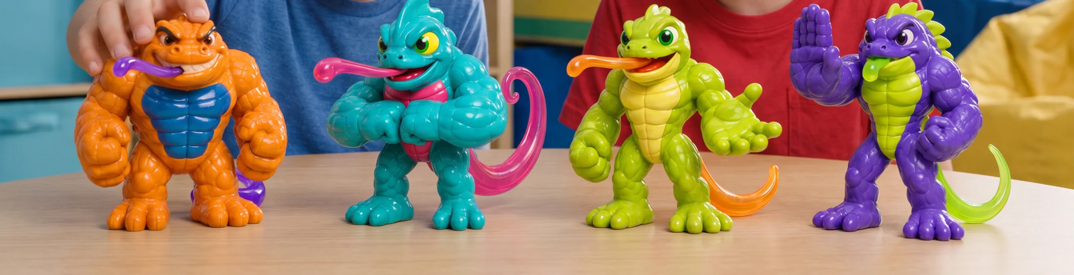 Two kids playing with the four Gecko Attack stretch figures