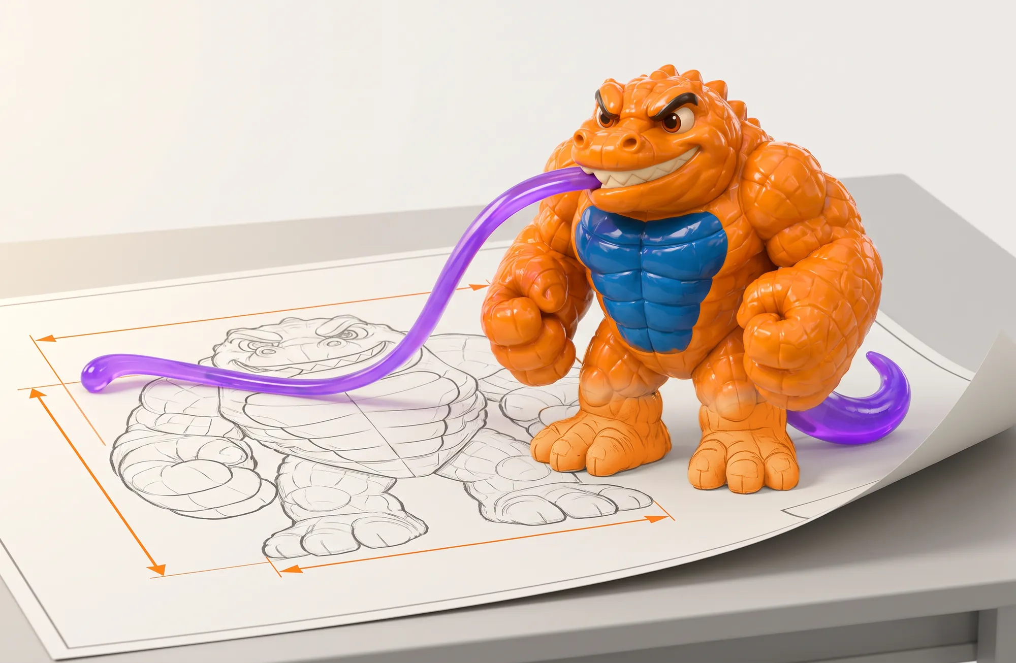 Croko from Gecko Attack stepping off its blueprint on a drafting table