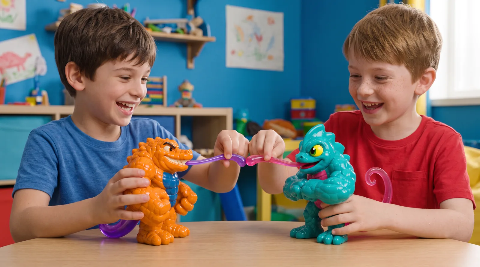 Two kids playing with Croko and Chamo, Gecko Attack campaign still